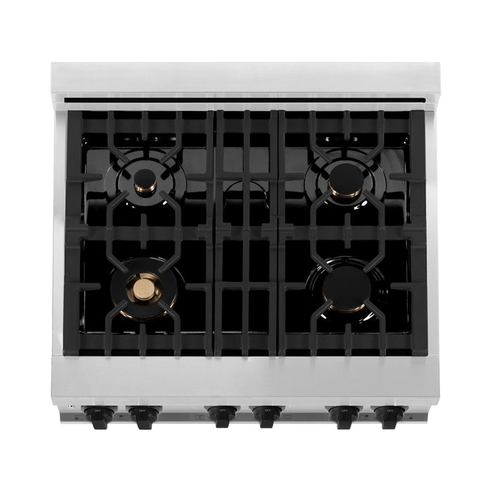 ZLINE Kitchen Appliance Packages ZLINE Autograph Package - 30 In. Dual Fuel Range and Range Hood in Stainless Steel with White Matte Door and Matte Black Accents, 2AKP-RAWMRH30-MB