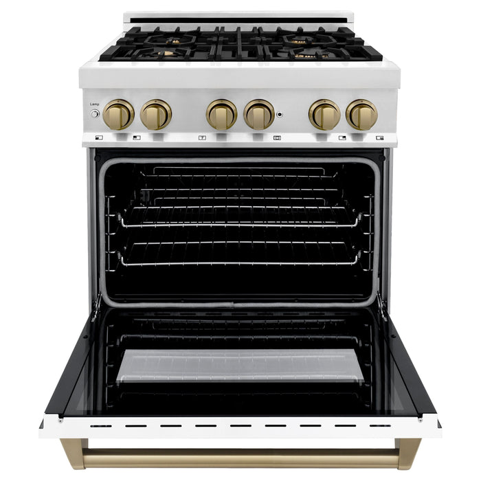 ZLINE Autograph Package - 30 In. Dual Fuel Range and Range Hood with White Matte Door and Bronze Accents, 2AKP-RAWMRH30-CB