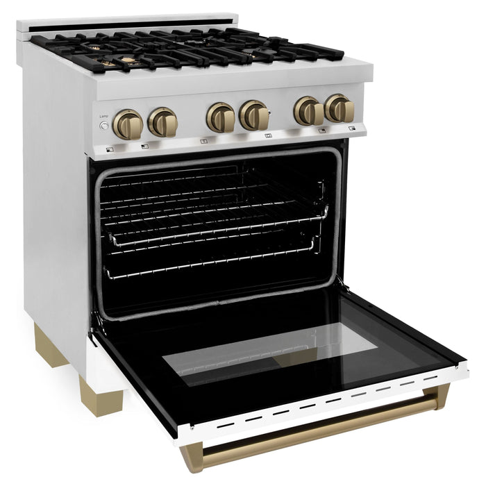 ZLINE Autograph Package - 30 In. Dual Fuel Range and Range Hood with White Matte Door and Bronze Accents, 2AKP-RAWMRH30-CB