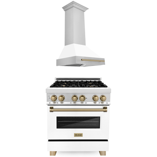 ZLINE Autograph Package - 30 In. Dual Fuel Range and Range Hood with White Matte Door and Bronze Accents, 2AKP-RAWMRH30-CB