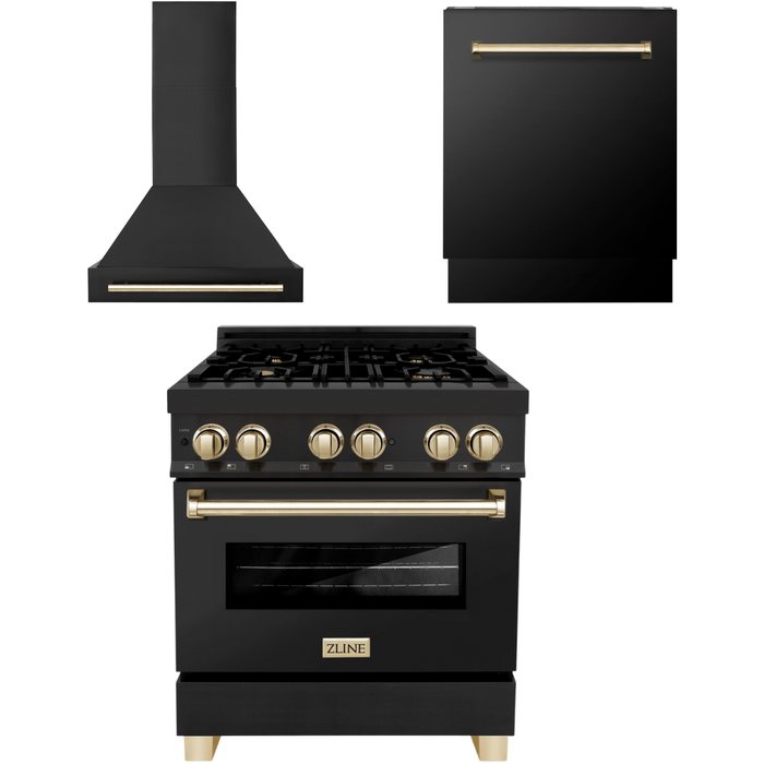 ZLINE Autograph Package - 30 In. Dual Fuel Range, Range Hood, and Dishwasher in Black Stainless Steel with Gold Accents, 3AKP-RABRHDWV30-G