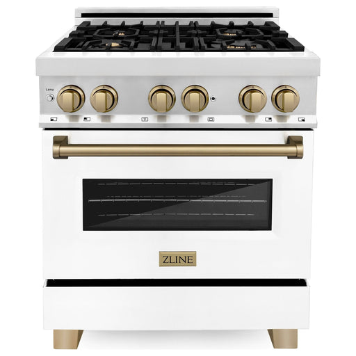 ZLINE Kitchen Appliance Packages ZLINE Autograph Package - 30 In. Dual Fuel Range, Range Hood, and Dishwasher in Stainless Steel with White Matte Door and Champagne Bronze Accents, 3AKP-RAWMRHDWM30-CB