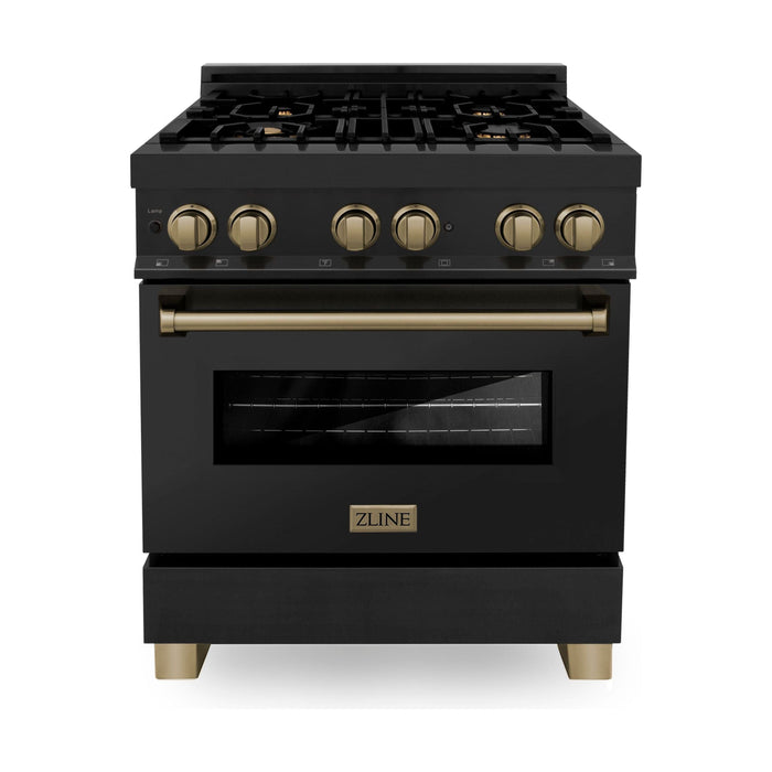 ZLINE Autograph Package - 30 In. Dual Fuel Range, Range Hood, Dishwasher in Black Stainless Steel with Champagne Bronze, 3AKP-RABRHDWV30-CB