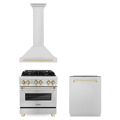 ZLINE Autograph Package - 30 In. Dual Fuel Range, Range Hood, Dishwasher in Stainless Steel with Gold Accents, 3AKP-RARHDWM30-G