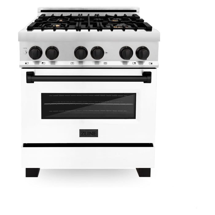 ZLINE Autograph Package - 30 In. Dual Fuel Range, Range Hood, Dishwasher in White Matte with Matte Black Accents, 3AKP-RAWMRHDWM30-MB