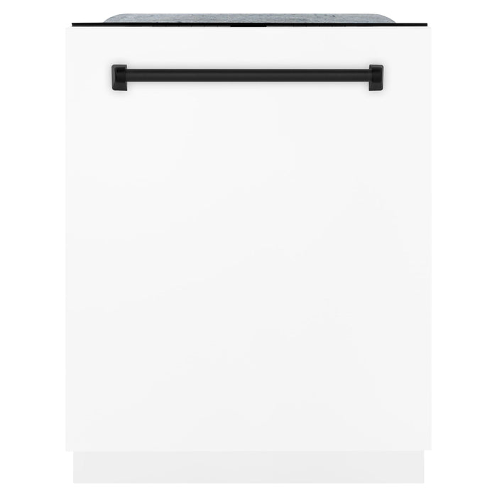 ZLINE Autograph Package - 30 In. Dual Fuel Range, Range Hood, Dishwasher in White Matte with Matte Black Accents, 3AKP-RAWMRHDWM30-MB