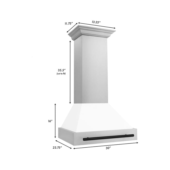 ZLINE Autograph Package - 30 In. Dual Fuel Range, Range Hood, Dishwasher in White Matte with Matte Black Accents, 3AKP-RAWMRHDWM30-MB