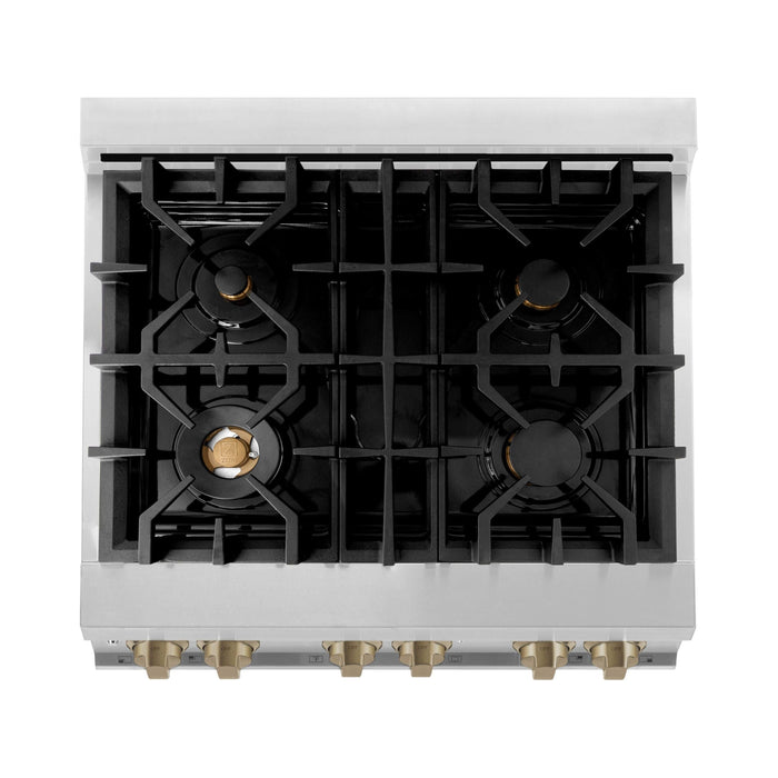 ZLINE Autograph Package - 30 In. Dual Fuel Range, Range Hood, Dishwasher, Refrigerator with Champagne Bronze Accents, 4KAPR-RARHDWM30-CB