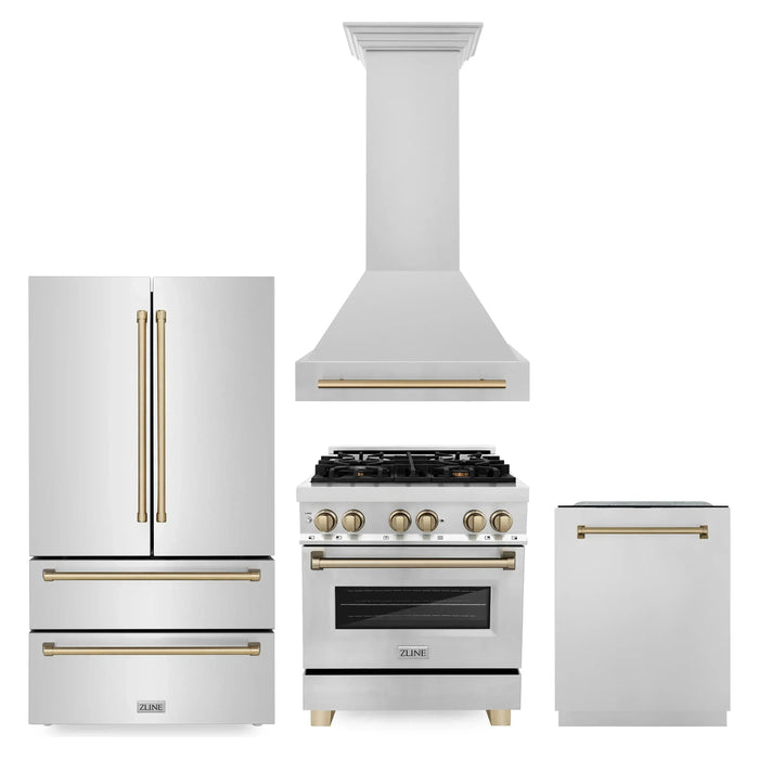 ZLINE Kitchen Appliance Packages ZLINE Autograph Package - 30 In. Dual Fuel Range, Range Hood, Dishwasher, Refrigerator with Champagne Bronze Accents, 4KAPR-RARHDWM30-CB