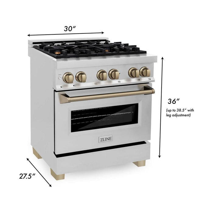 ZLINE Autograph Package - 30 In. Dual Fuel Range, Range Hood, Dishwasher, Refrigerator with Water and Ice Dispenser with Champagne Bronze Accents, 4AKPR-RARHDWM30-CB