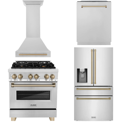 ZLINE Autograph Package - 30 In. Dual Fuel Range, Range Hood, Dishwasher, Refrigerator with Water and Ice Dispenser with Champagne Bronze Accents, 4AKPR-RARHDWM30-CB