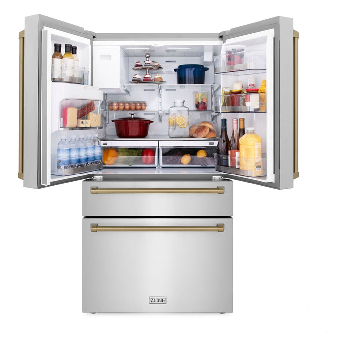 ZLINE Autograph Package - 30 In. Dual Fuel Range, Range Hood, Dishwasher, Refrigerator with Water and Ice Dispenser with Champagne Bronze Accents, 4AKPR-RARHDWM30-CB