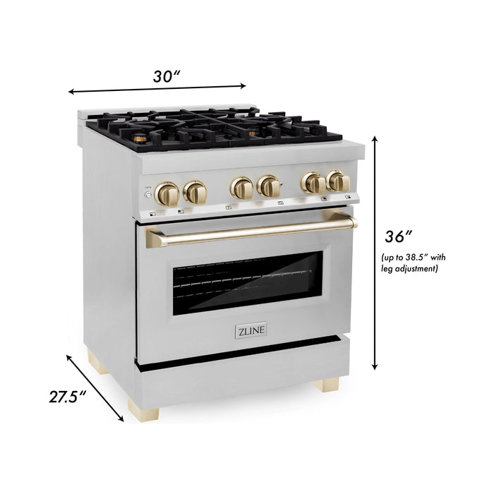 ZLINE Autograph Package - 30 In. Dual Fuel Range, Range Hood, Dishwasher, Refrigerator with Water and Ice Dispenser with Gold Accents, 4AKPR-RARHDWM30-G