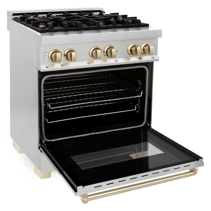 ZLINE Autograph Package - 30 In. Dual Fuel Range, Range Hood, Dishwasher, Refrigerator with Water and Ice Dispenser with Gold Accents, 4AKPR-RARHDWM30-G