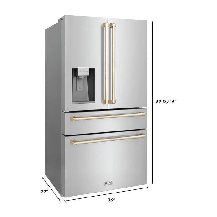 ZLINE Autograph Package - 30 In. Dual Fuel Range, Range Hood, Dishwasher, Refrigerator with Water and Ice Dispenser with Gold Accents, 4AKPR-RARHDWM30-G