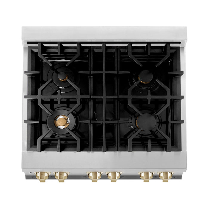 ZLINE Kitchen Appliance Packages ZLINE Autograph Package - 30 In. Dual Fuel Range, Range Hood, Dishwasher, Refrigerator with Water and Ice Dispenser with Gold Accents, 4AKPR-RARHDWM30-G