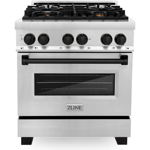 ZLINE Autograph Package - 30 In. Dual Fuel Range, Range Hood, Dishwasher, Refrigerator with Water and Ice Dispenser with Matte Black Accents, 4AKPR-RARHDWM30-MB