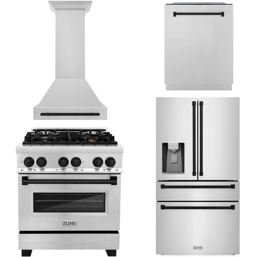 ZLINE Kitchen Appliance Packages ZLINE Autograph Package - 30 In. Dual Fuel Range, Range Hood, Dishwasher, Refrigerator with Water and Ice Dispenser with Matte Black Accents, 4AKPR-RARHDWM30-MB