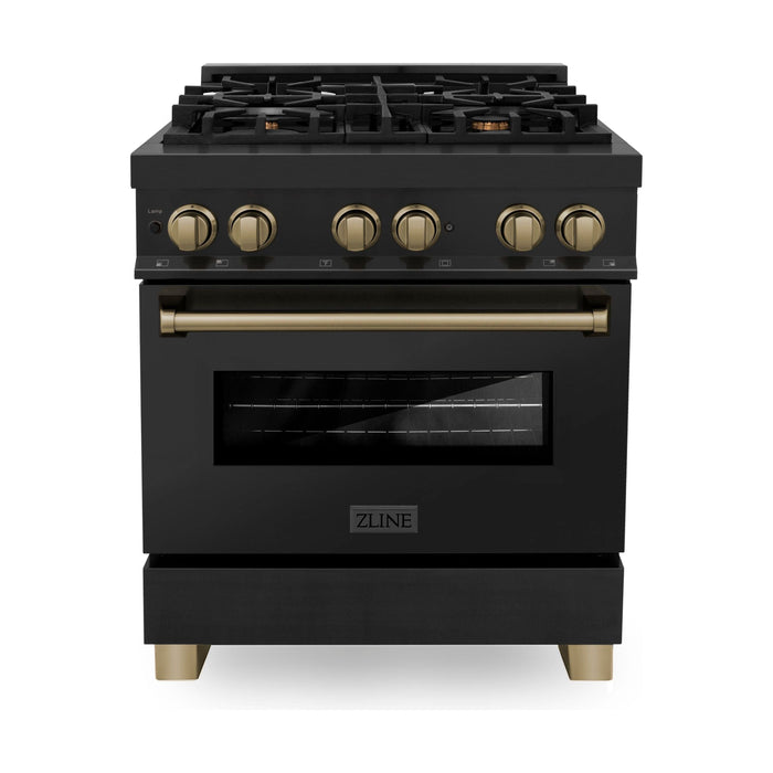 ZLINE Kitchen Appliance Packages ZLINE Autograph Package - 30 In. Dual Fuel Range, Range Hood in Black Stainless Steel with Champagne Bronze Accents, 2AKP-RABRH30-CB