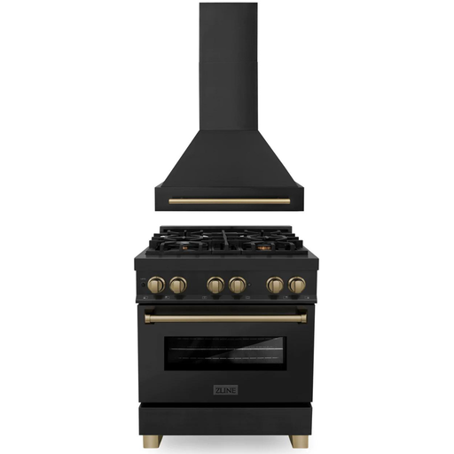 ZLINE Autograph Package - 30 In. Dual Fuel Range, Range Hood in Black Stainless Steel with Champagne Bronze Accents, 2AKP-RABRH30-CB