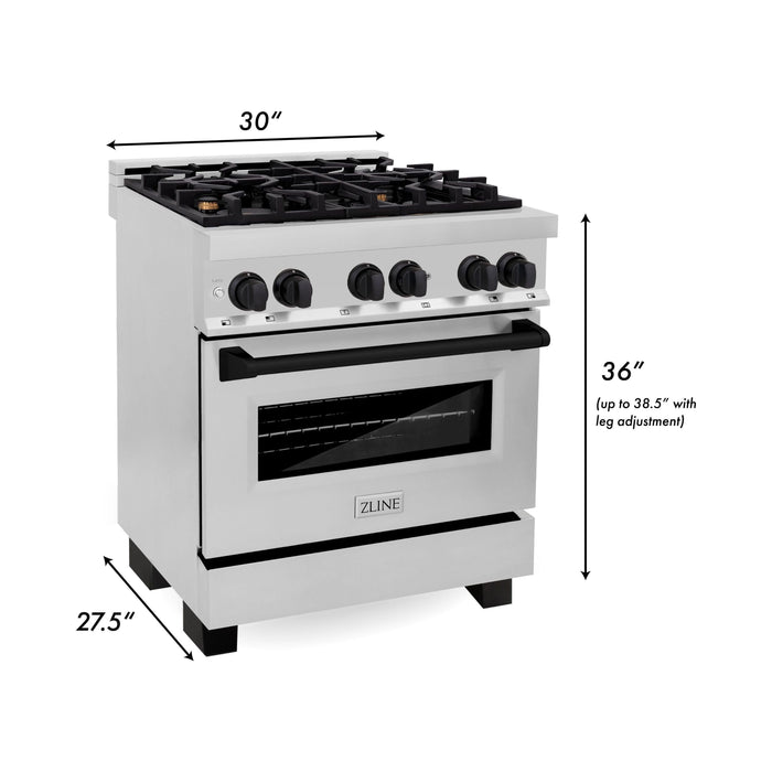 ZLINE Kitchen Appliance Packages ZLINE Autograph Package - 30 In. Dual Fuel Range, Range Hood in Stainless Steel with Matte Black Accents, 2AKP-RARH30-MB