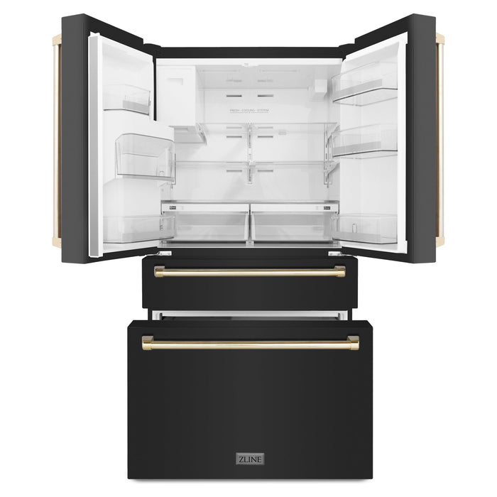 ZLINE Kitchen Appliance Packages ZLINE Autograph Package - 30 In. Dual Fuel Range, Range Hood, Refrigerator with External Ice Maker and Water Dispenser, and Dishwasher in Black Stainless Steel with Gold Accents, 4KAPR-RABRHDWV30-G