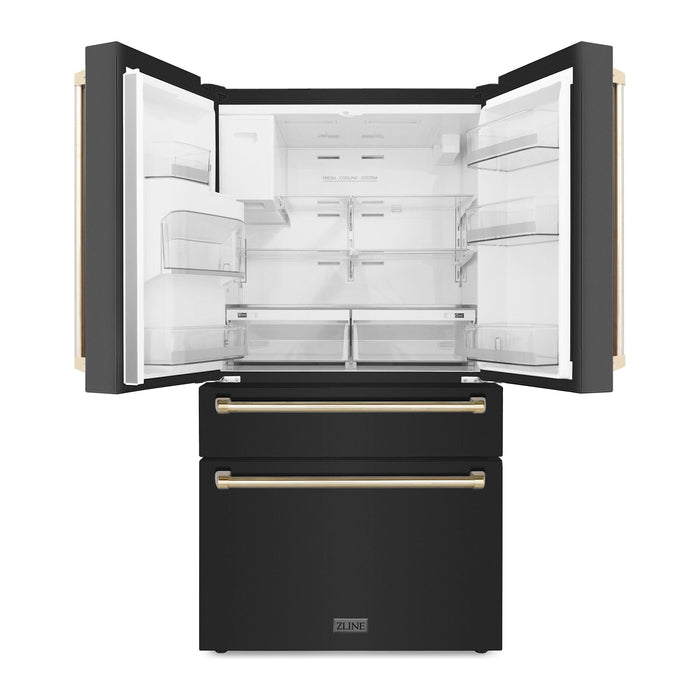 ZLINE Autograph Package - 30 In. Dual Fuel Range, Range Hood, Refrigerator with External Ice Maker and Water Dispenser, and Dishwasher in Black Stainless Steel with Gold Accents, 4KAPR-RABRHDWV30-G