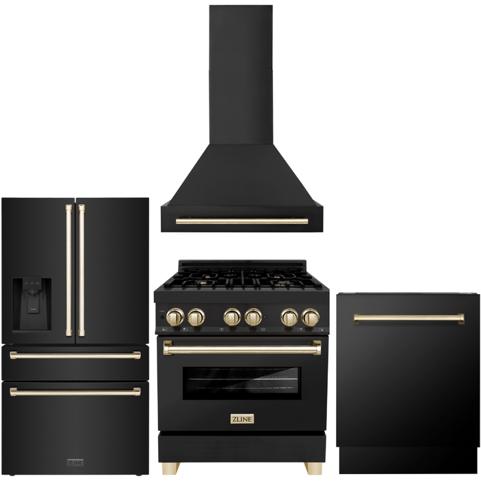 ZLINE Autograph Package - 30 In. Dual Fuel Range, Range Hood, Refrigerator with External Ice Maker and Water Dispenser, and Dishwasher in Black Stainless Steel with Gold Accents, 4KAPR-RABRHDWV30-G