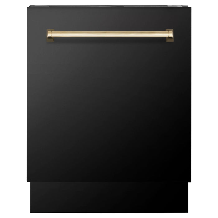 ZLINE Autograph Package - 30 In. Dual Fuel Range, Range Hood, Refrigerator with External Ice Maker and Water Dispenser, and Dishwasher in Black Stainless Steel with Gold Accents, 4KAPR-RABRHDWV30-G