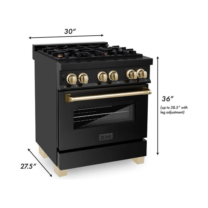 ZLINE Autograph Package - 30 In. Dual Fuel Range, Range Hood, Refrigerator with External Ice Maker and Water Dispenser, and Dishwasher in Black Stainless Steel with Gold Accents, 4KAPR-RABRHDWV30-G