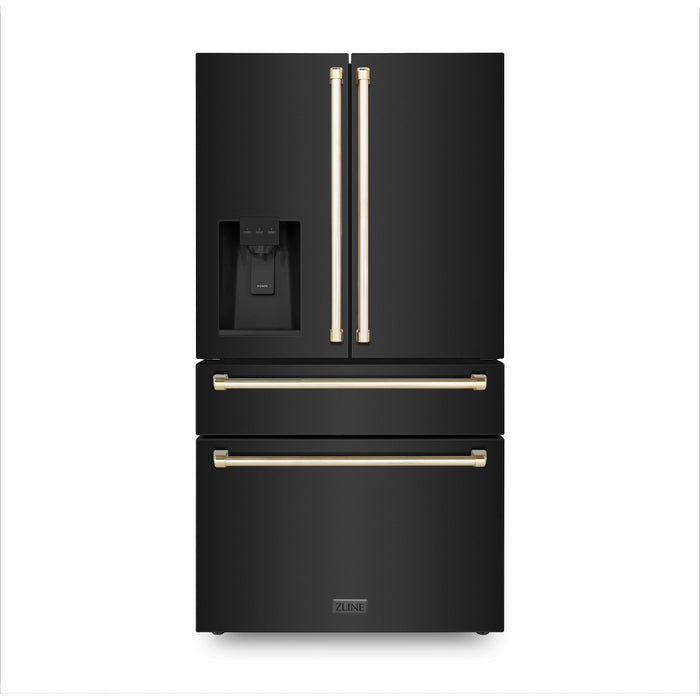 ZLINE Autograph Package - 30 In. Dual Fuel Range, Range Hood, Refrigerator with External Ice Maker and Water Dispenser, and Dishwasher in Black Stainless Steel with Gold Accents, 4KAPR-RABRHDWV30-G