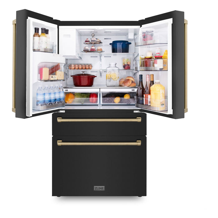 ZLINE Autograph Package - 30 In. Dual Fuel Range, Range Hood, Refrigerator with Water and Ice Dispenser and Dishwasher in Black with Bronze Accents, 4KAPR-RABRHDWV30-CB