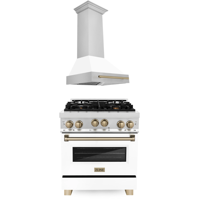 ZLINE Kitchen Appliance Packages ZLINE Autograph Package - 30 In. Gas Range and Range Hood in Stainless Steel with White Matte Door and Champagne Bronze Accents, 2AKP-RGWMRH30-CB