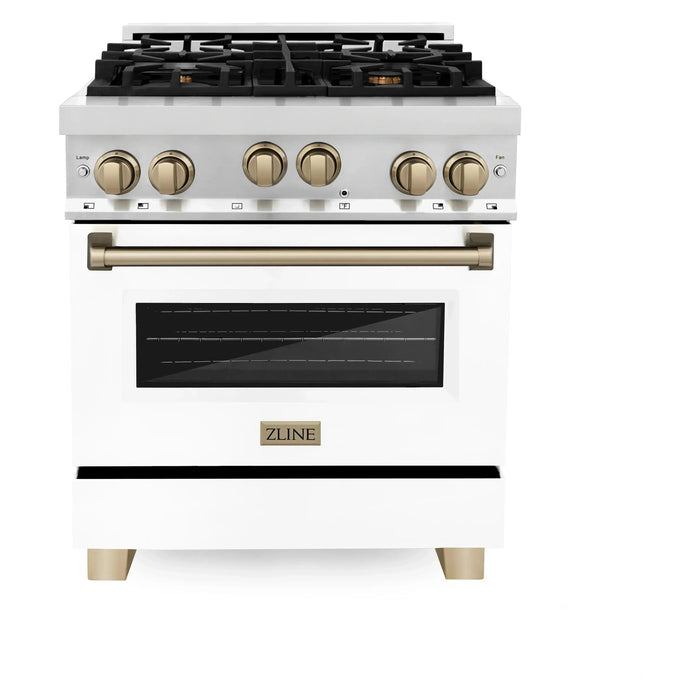 ZLINE Autograph Package - 30 In. Gas Range and Range Hood in Stainless Steel with White Matte Door and Champagne Bronze Accents, 2AKP-RGWMRH30-CB