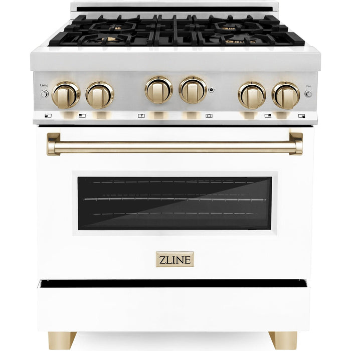 ZLINE Autograph Package - 30 In. Gas Range and Range Hood in Stainless Steel with White Matte Door and Gold Accents, 2AKP-RGWMRH30-G