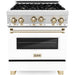 ZLINE Autograph Package - 30 In. Gas Range and Range Hood in Stainless Steel with White Matte Door and Gold Accents, 2AKP-RGWMRH30-G