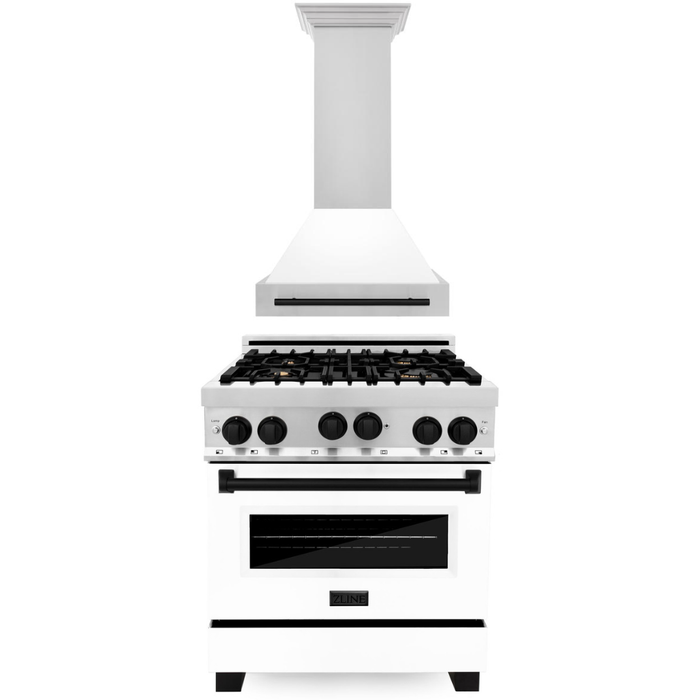 ZLINE Kitchen Appliance Packages ZLINE Autograph Package - 30 In. Gas Range and Range Hood in Stainless Steel with White Matte Door and Matte Black Accents, 2AKP-RGWMRH30-MB