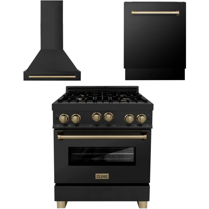 ZLINE Kitchen Appliance Packages ZLINE Autograph Package - 30 In. Gas Range, Range Hood, Dishwasher in Black Stainless Steel with Champagne Bronze Accents, 3AKP-RGBRHDWV30-CB