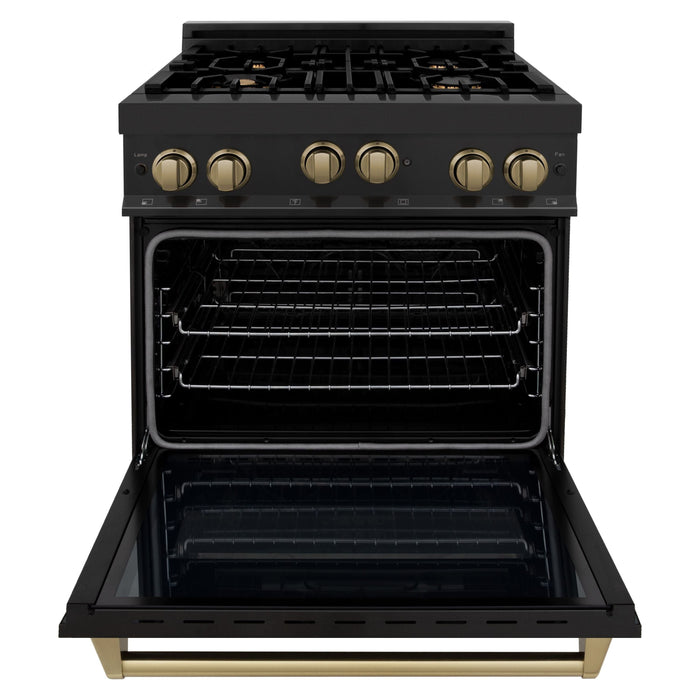 ZLINE Autograph Package - 30 In. Gas Range, Range Hood, Dishwasher in Black Stainless Steel with Champagne Bronze Accents, 3AKP-RGBRHDWV30-CB