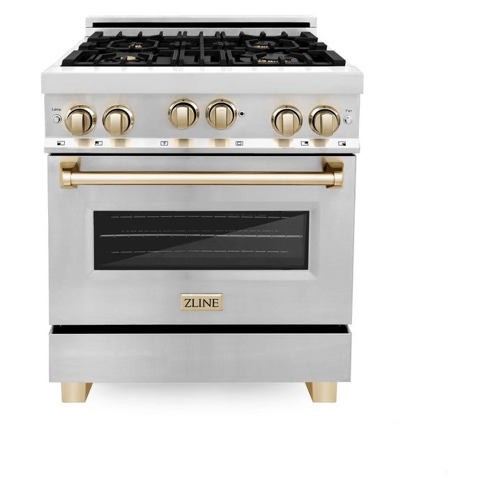 ZLINE Kitchen Appliance Packages ZLINE Autograph Package - 30 In. Gas Range, Range Hood, Dishwasher in Stainless Steel with Gold Accents, 3AKP-RGRHDWM30-G