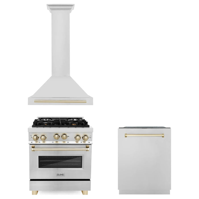 ZLINE Autograph Package - 30 In. Gas Range, Range Hood, Dishwasher in Stainless Steel with Gold Accents, 3AKP-RGRHDWM30-G