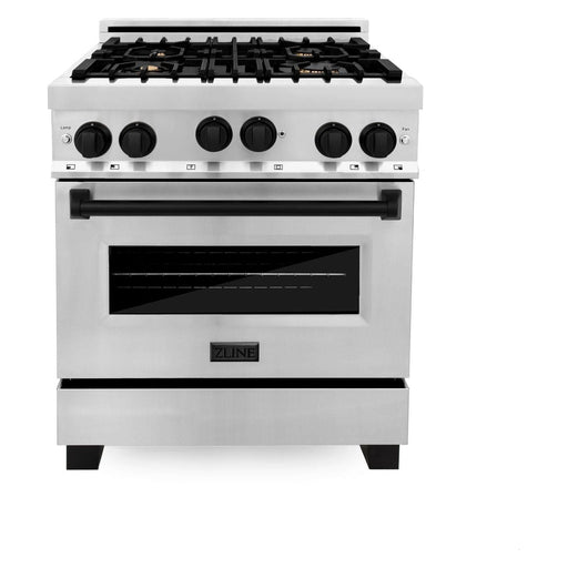 ZLINE Autograph Package - 30 In. Gas Range, Range Hood, Dishwasher in Stainless Steel with Matte Black Accents, 3AKP-RGRHDWM30-MB