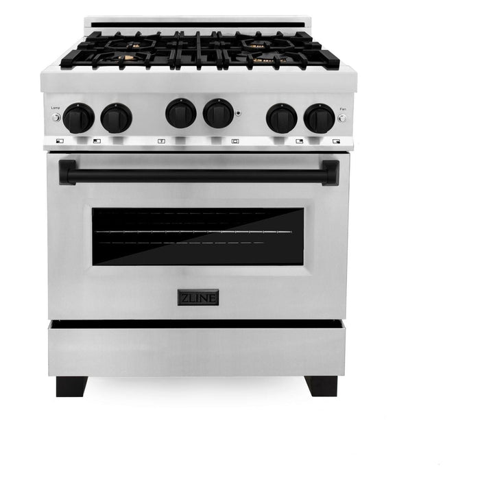 ZLINE Autograph Package - 30 In. Gas Range, Range Hood, Dishwasher in Stainless Steel with Matte Black Accents, 3AKP-RGRHDWM30-MB