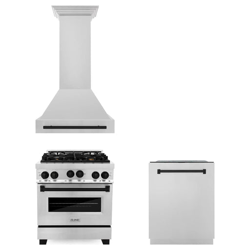 ZLINE Autograph Package - 30 In. Gas Range, Range Hood, Dishwasher in Stainless Steel with Matte Black Accents, 3AKP-RGRHDWM30-MB