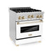 ZLINE Autograph Package - 30 In. Gas Range, Range Hood, Dishwasher in White Matte with Gold Accents, 3AKP-RGWMRHDWM30-G