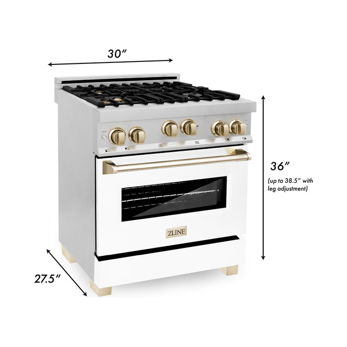 ZLINE Autograph Package - 30 In. Gas Range, Range Hood, Dishwasher in White Matte with Gold Accents, 3AKP-RGWMRHDWM30-G