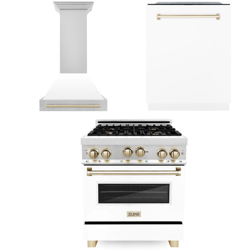 ZLINE Autograph Package - 30 In. Gas Range, Range Hood, Dishwasher in White Matte with Gold Accents, 3AKP-RGWMRHDWM30-G