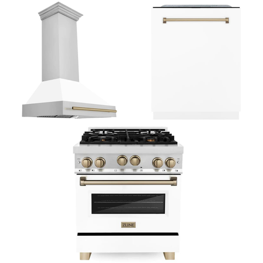 ZLINE Kitchen Appliance Packages ZLINE Autograph Package - 30 In. Gas Range, Range Hood, Dishwasher in White with Champagne Bronze Accents, 3AKP-RGWMRHDWM30-CB