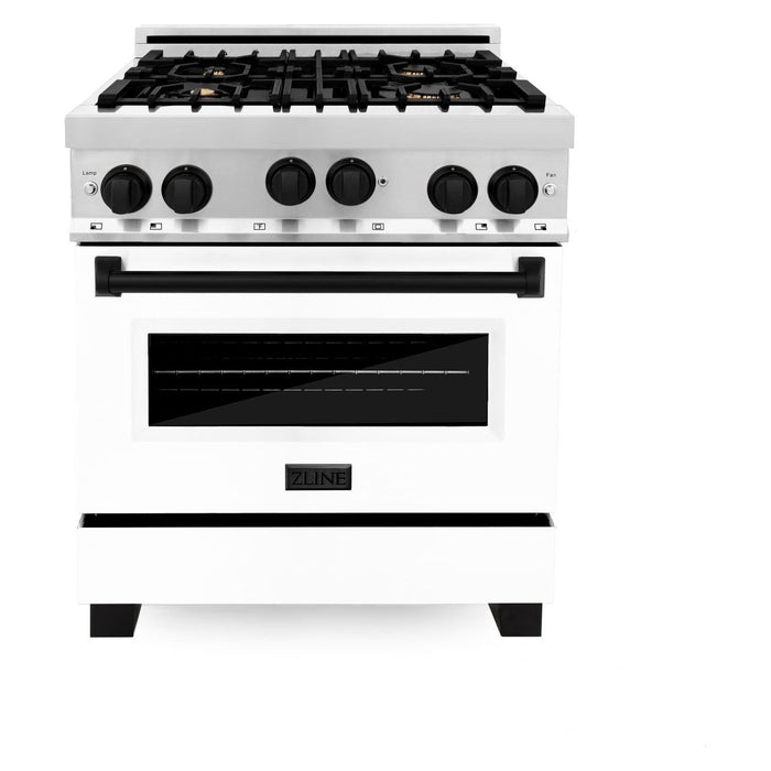 ZLINE Kitchen Appliance Packages ZLINE Autograph Package - 30 In. Gas Range, Range Hood, Dishwasher in White with Matte Black Accents, 3AKP-RGWMRHDWM30-MB