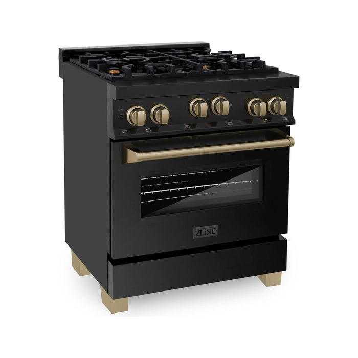 ZLINE Kitchen Appliance Packages ZLINE Autograph Package - 30 In. Gas Range, Range Hood in Black Stainless Steel with Champagne Bronze Accents, 2AKP-RGBRH30-CB